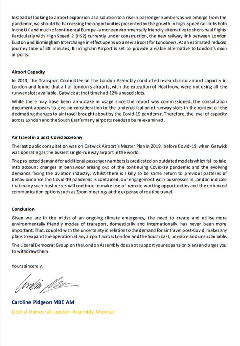 Letter from Lib Dem London Assembly Group to the CEO of Gatwick Airport