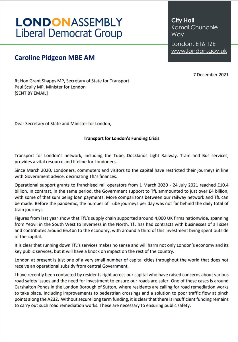 Letter from Caroline Pidgeon to the Secretary of State for Transport and the Minister for London