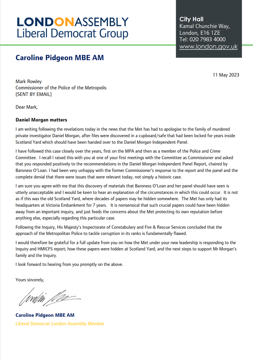 Letter to the Metropolitan Police Commissioner regarding the Daniel Morgan case